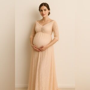 Boutique pink lace sheer off shoulder maternity dress w/train, lined, sheer back